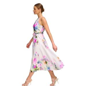 DKNY Watercolor Floral Chiffon Halter Midi Dress Wedding Guest Garden Party 14